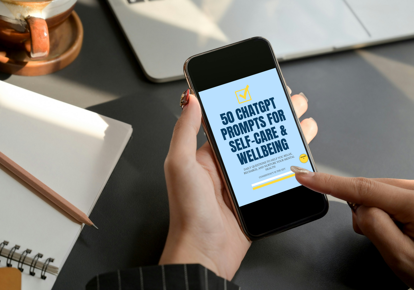 Person holding a smartphone with a screen displaying '50 ChatGPT Prompts for Self-Care & Wellbeing' on a desk.