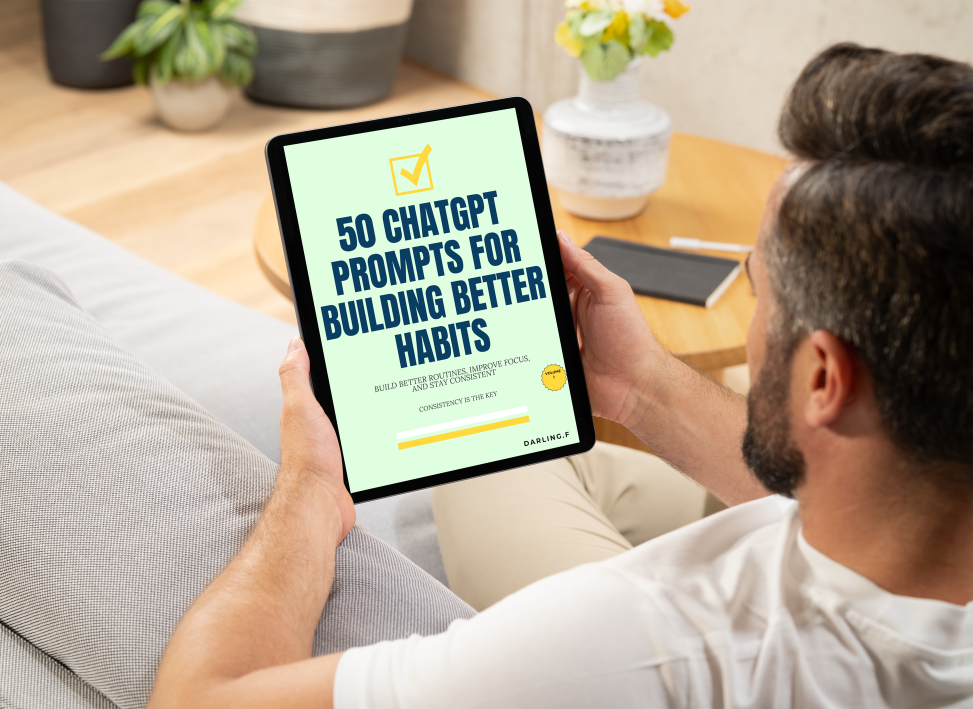 Man holding a tablet with '50 ChatGPT Prompts for Building Better Habits' on the screen, sitting in a cozy living room.