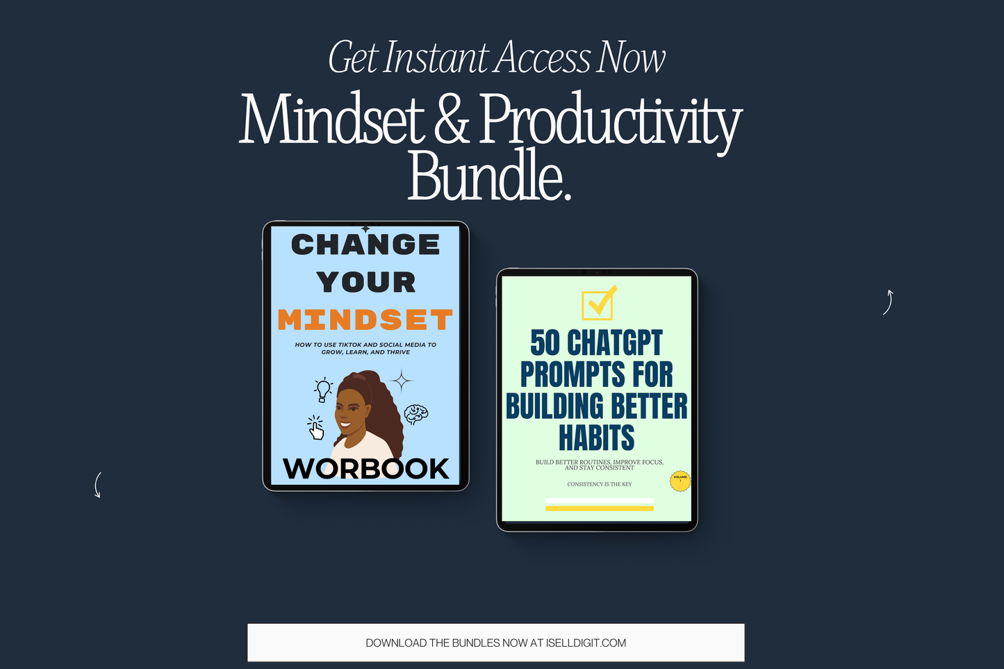 Promotional graphic for a Mindset & Productivity Bundle with two book covers on a dark blue background.