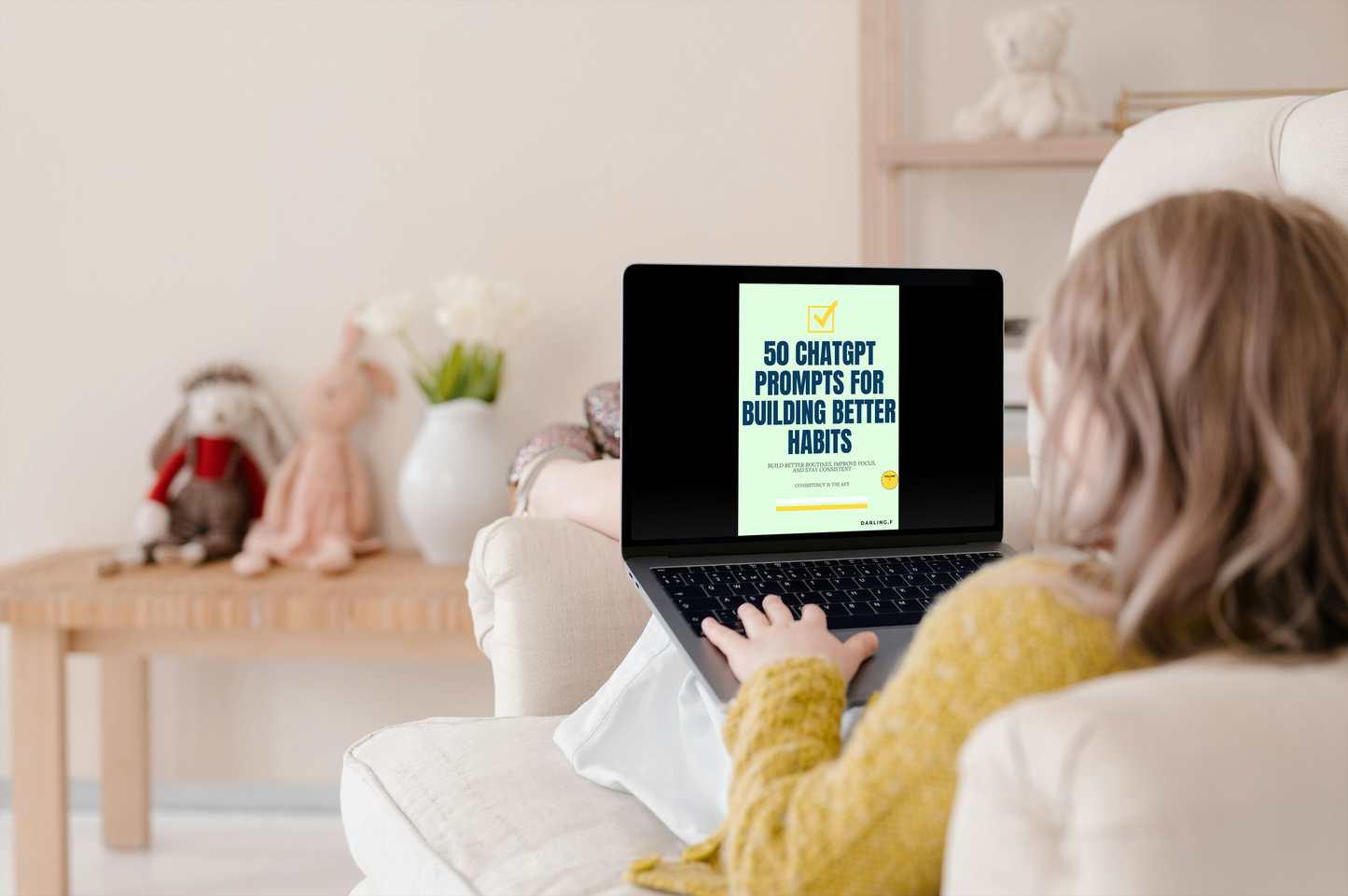 Person sitting on a couch using a laptop with a screen displaying '50 ChatGPT Prompts for Building Better Habits' in a cozy living room.