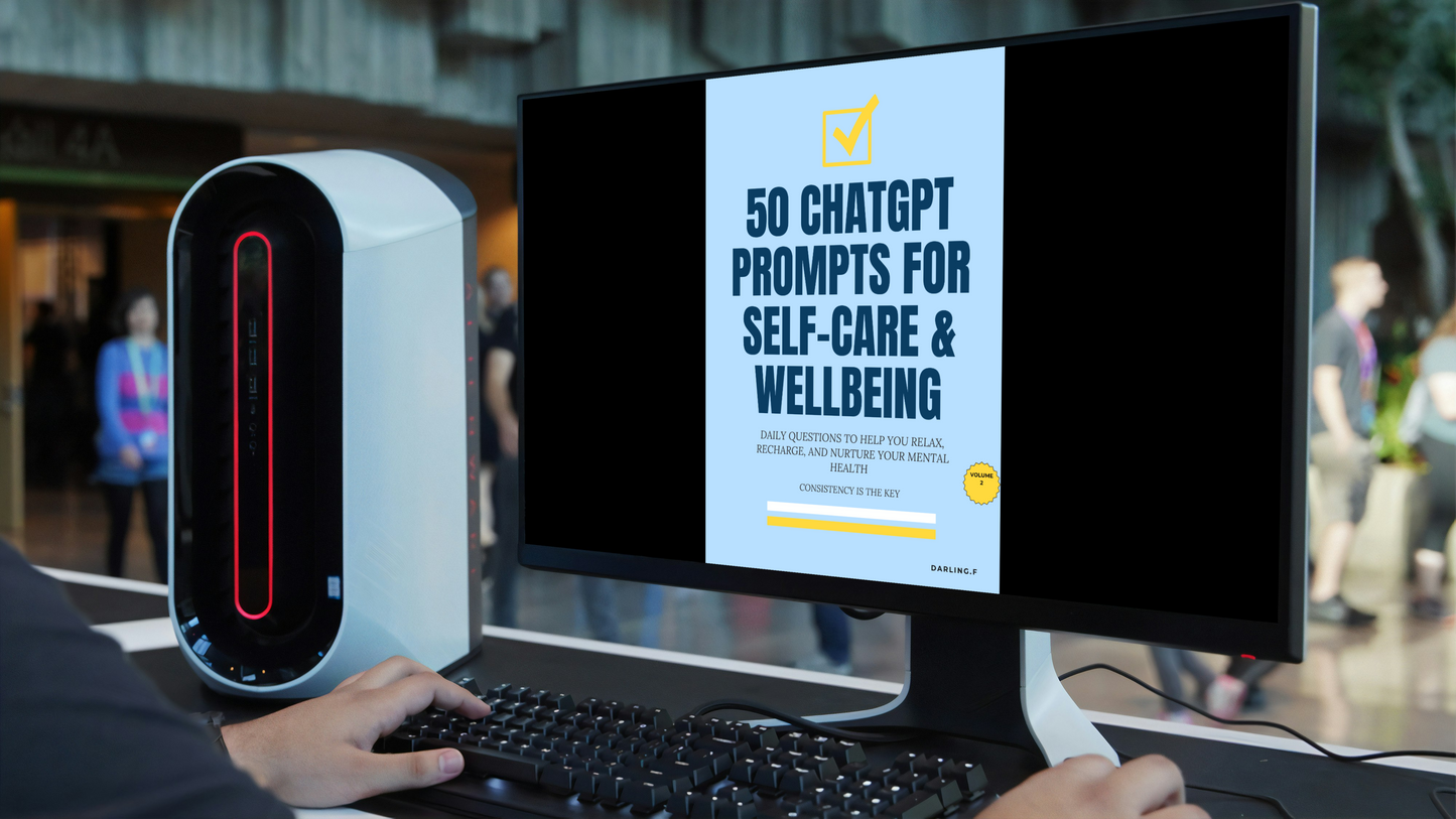 Person using a computer with a screen displaying '50 ChatGPT Prompts for Self-Care & Wellbeing' in an indoor setting.