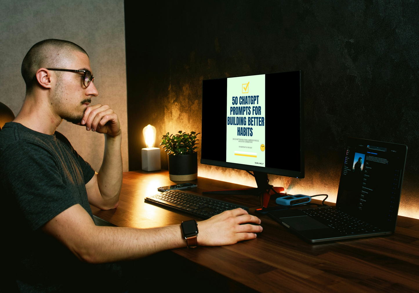 Man sitting at a desk with a computer and a  chatgpt prompt ebook 