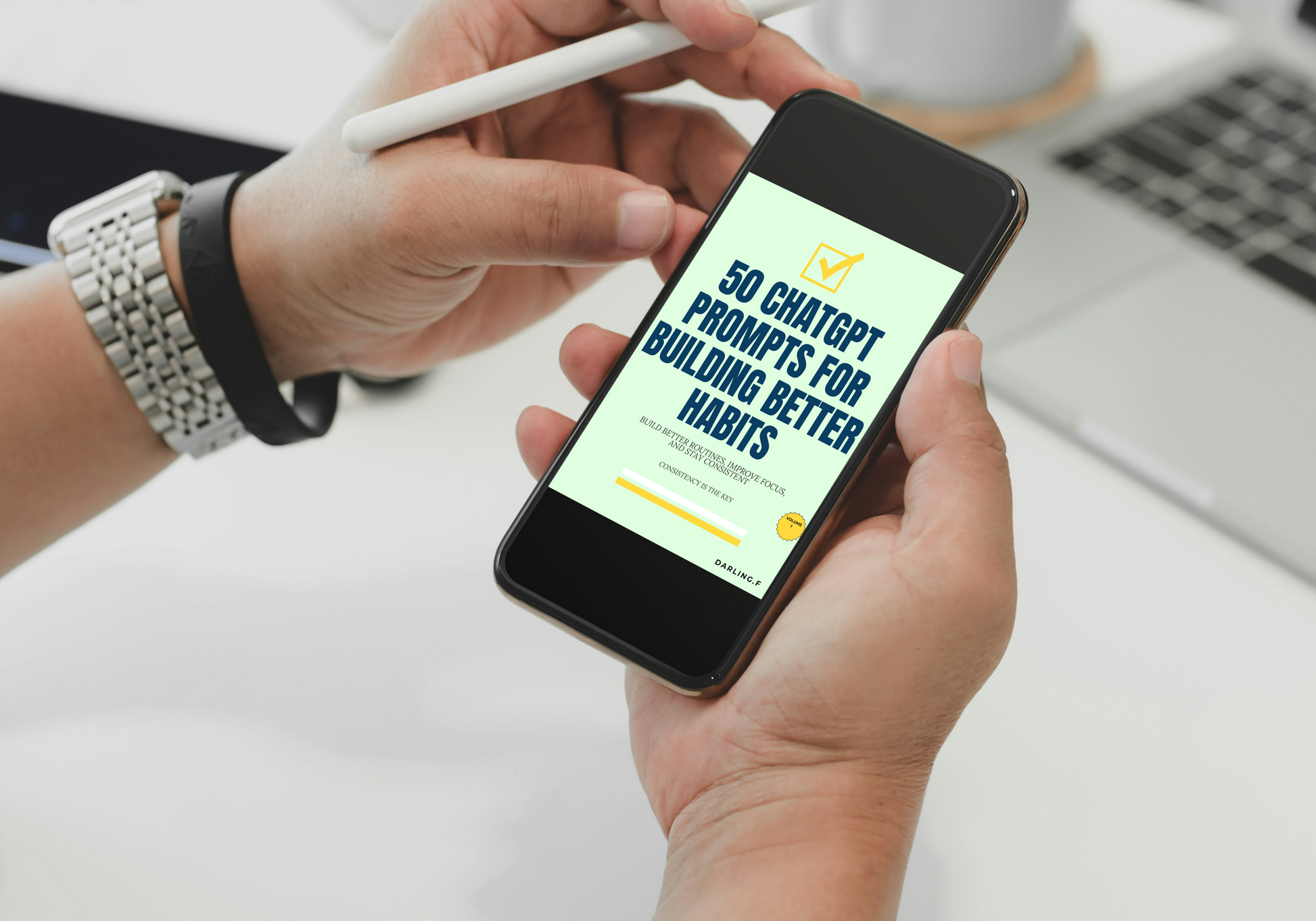 Person holding a smartphone with a screen displaying text about ChatGPT prompts for building better habits,