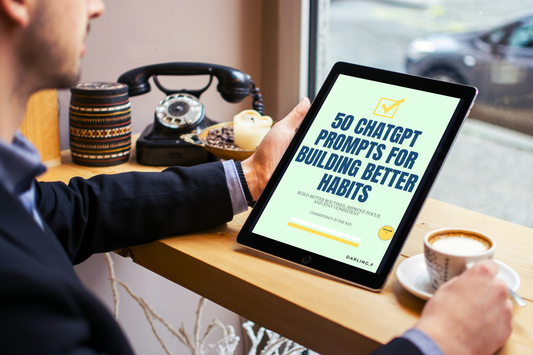 Person using a tablet with a screen displaying '50 ChatGPT Prompts for Building Better Habits' in a cafe setting.